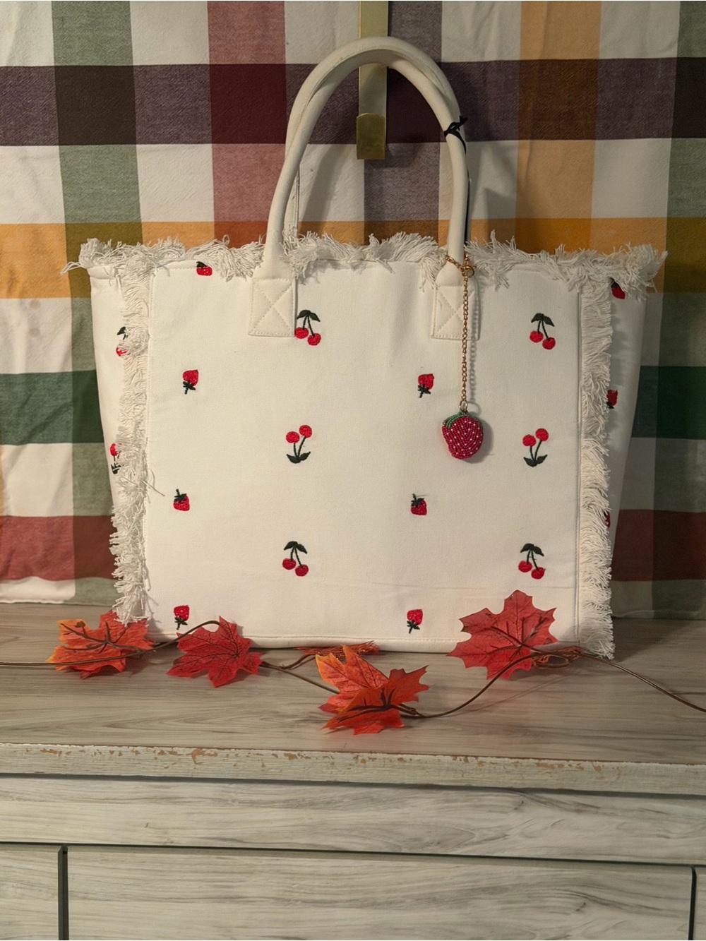 White Cherry Embroidered Tote Bag
